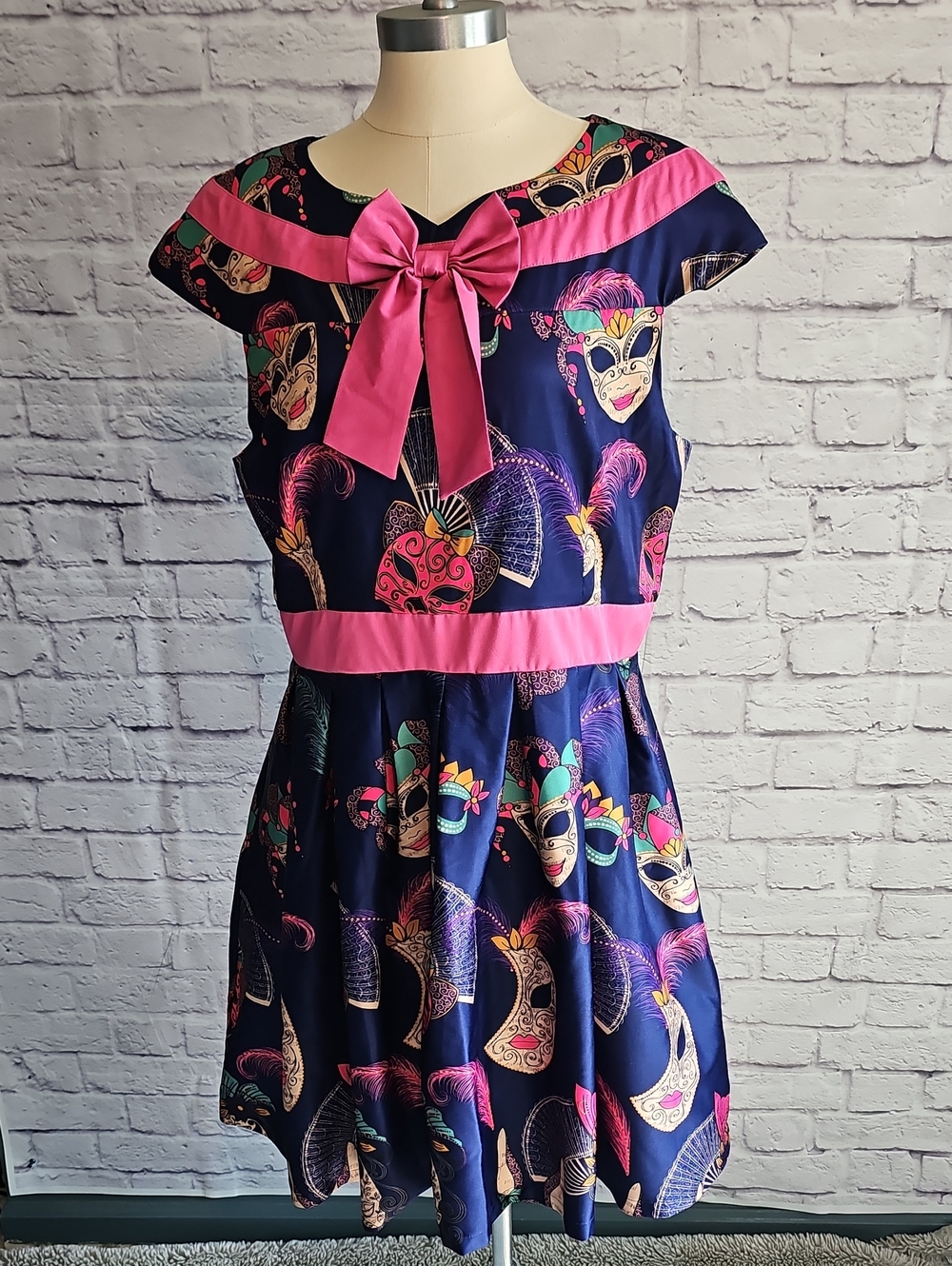 Lindy Bop Navy Masquerade Print Fit-and-Flare Dress with Pink Trim